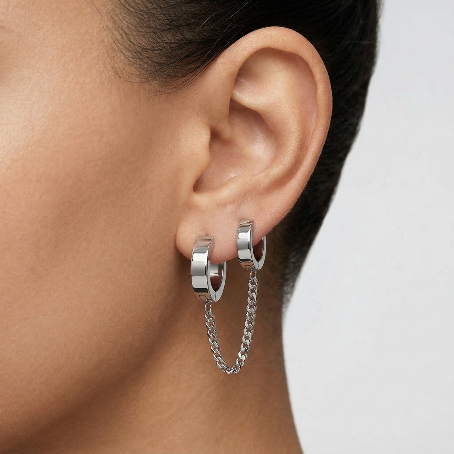 GOLD CHUNKY DOUBLE HOOP EARRINGS WITH CHAIN CHARM CONNECTOR - 18 GAUGE