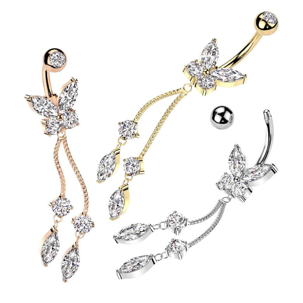 CRYSTAL BUTTERFLY DANGLY CHARM BELLY BAR - 10MM