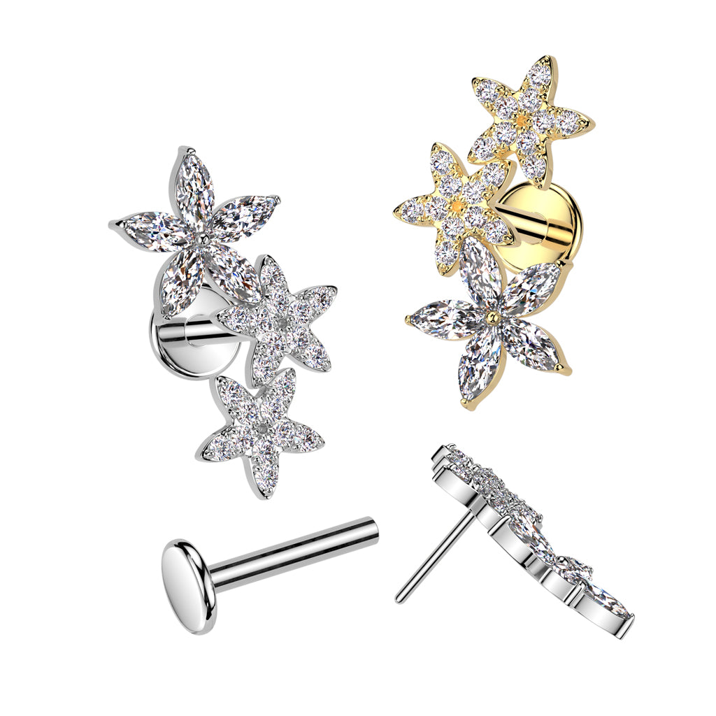 CRYSTAL TRIPLE FLOWER THREADLESS LABRET - 8MM