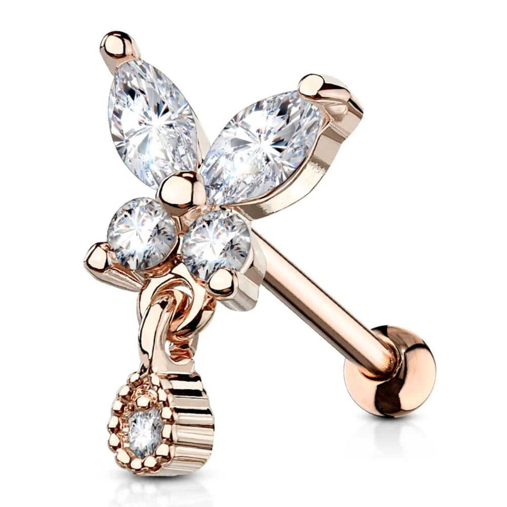 CRYSTAL BUTTERFLY & TEARDROP CHARM EAR BARBELL - 6MM