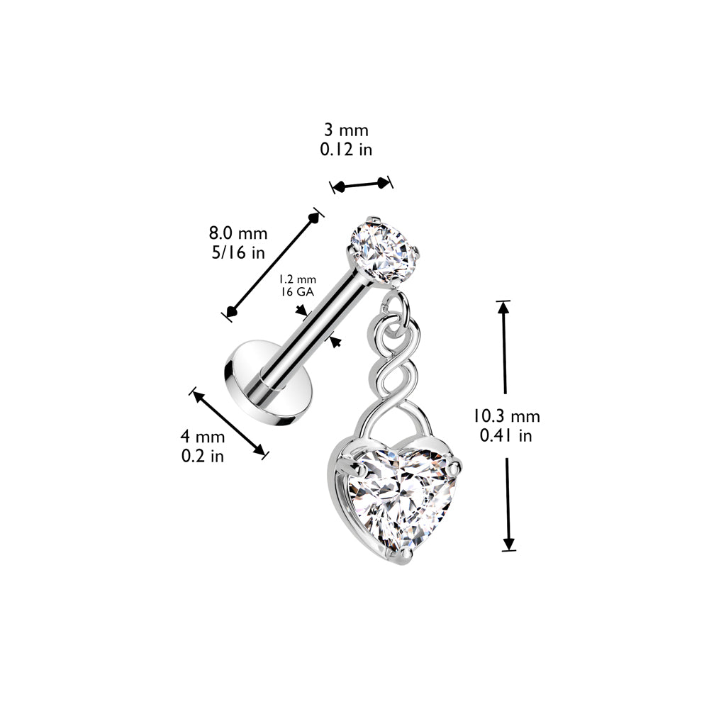 CRYSTAL INFINITY LOVE HEART CHARM FLAT BACK LABRET STUD - 8MM