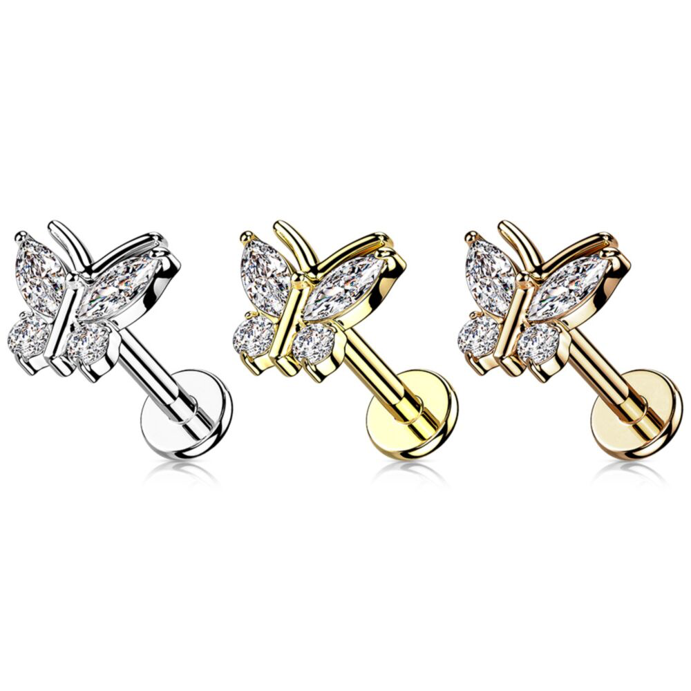LARGE BUTTERFLY CRYSTAL FLAT BACK LABRET STUD