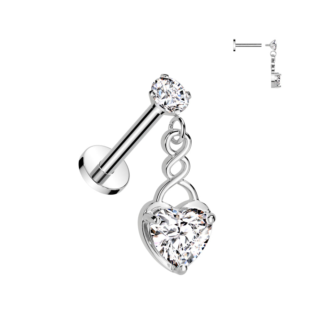 CRYSTAL INFINITY LOVE HEART CHARM FLAT BACK LABRET STUD - 8MM