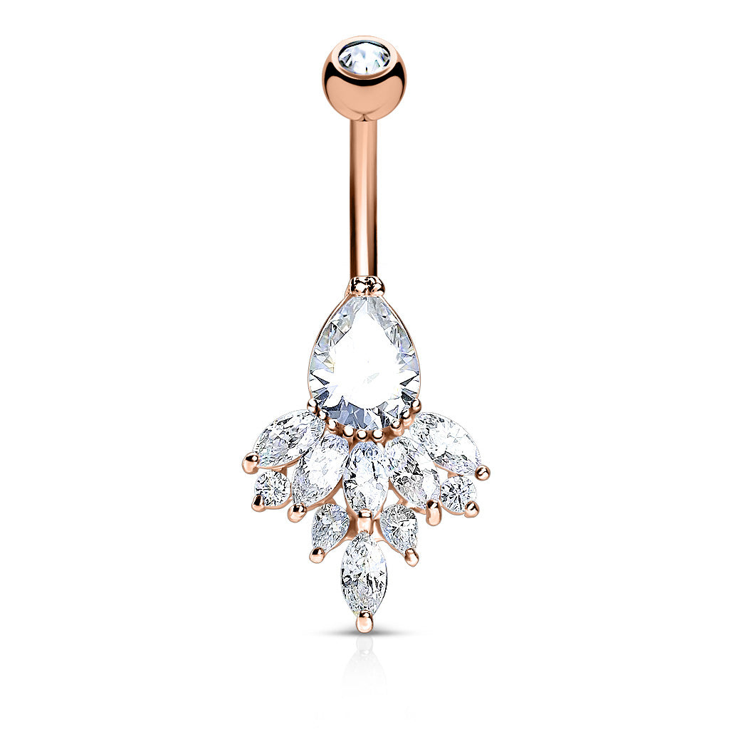CRYSTAL TEARDROP  CLUSTER BELLY RING BARBELL - 10MM