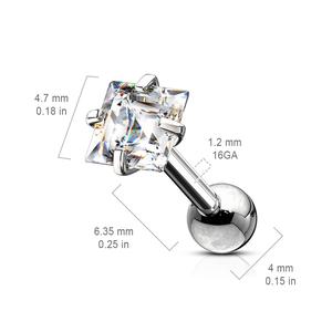 CRYSTAL SQUARE CUT CUBIC ZIRCONIA BARBELL