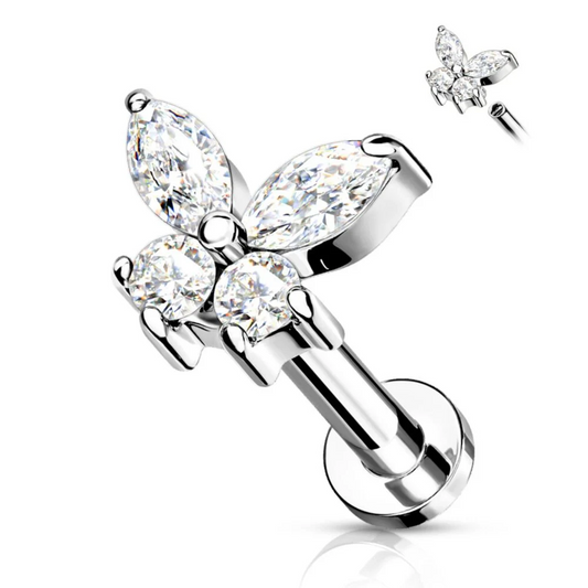 CRYSTAL BUTTERFLY FLAT BACK LABRET STUD