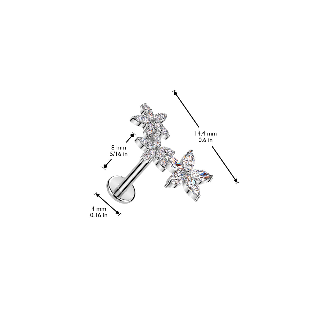 CRYSTAL TRIPLE FLOWER THREADLESS LABRET - 8MM