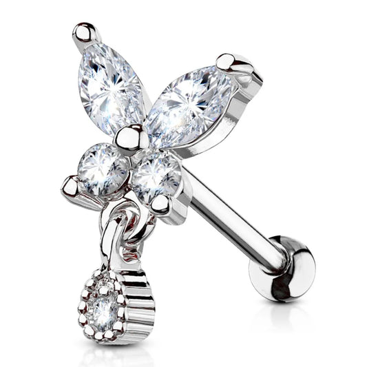 CRYSTAL BUTTERFLY & TEARDROP CHARM EAR BARBELL - 6MM