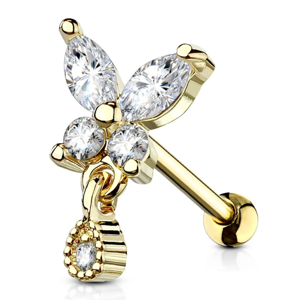 CRYSTAL BUTTERFLY & TEARDROP CHARM EAR BARBELL - 6MM