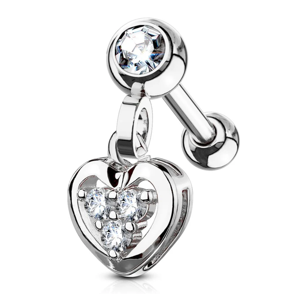 CRYSTAL HEART CHARM BARBELL - 6MM