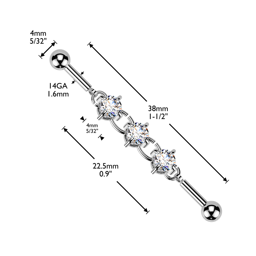 TRIPLE CRYSTAL CHAIN INDUSTRIAL BARBELL - 14 GAUGE - 38MM