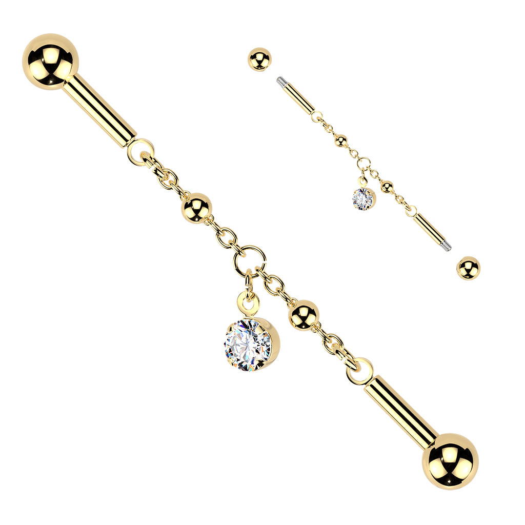 CRYSTAL CHAIN INDUSTRIAL BARBELL WITH DANGLY CHARM - 14 GAUGE - 38MM