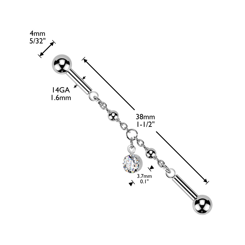 CRYSTAL CHAIN INDUSTRIAL BARBELL WITH DANGLY CHARM - 14 GAUGE - 38MM