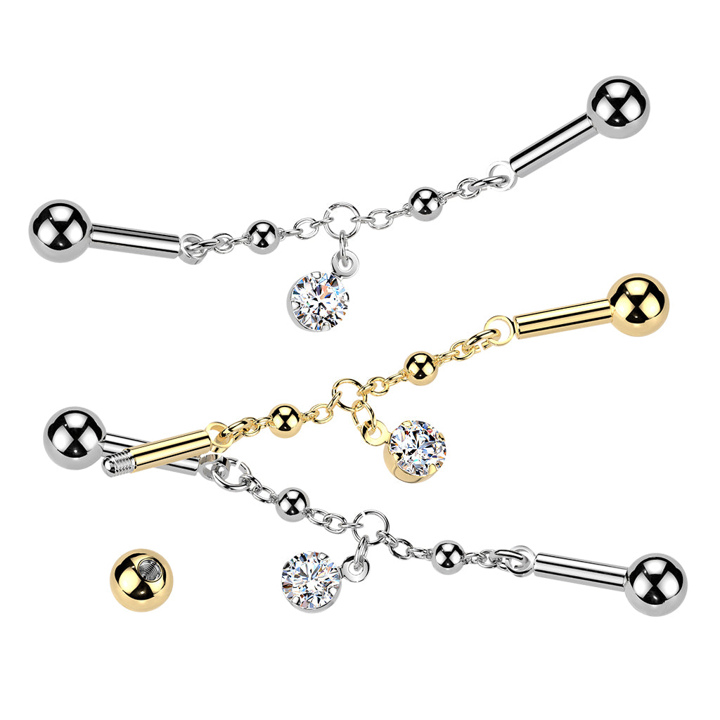 CRYSTAL CHAIN INDUSTRIAL BARBELL WITH DANGLY CHARM - 14 GAUGE - 38MM