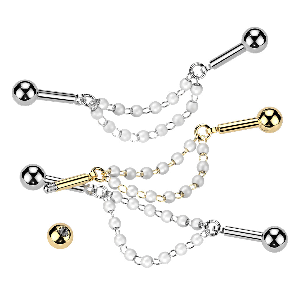 DAINTY DOUBLE PEARL CHAIN INDUSTRIAL BARBELL - 14 GAUGE - 38MM