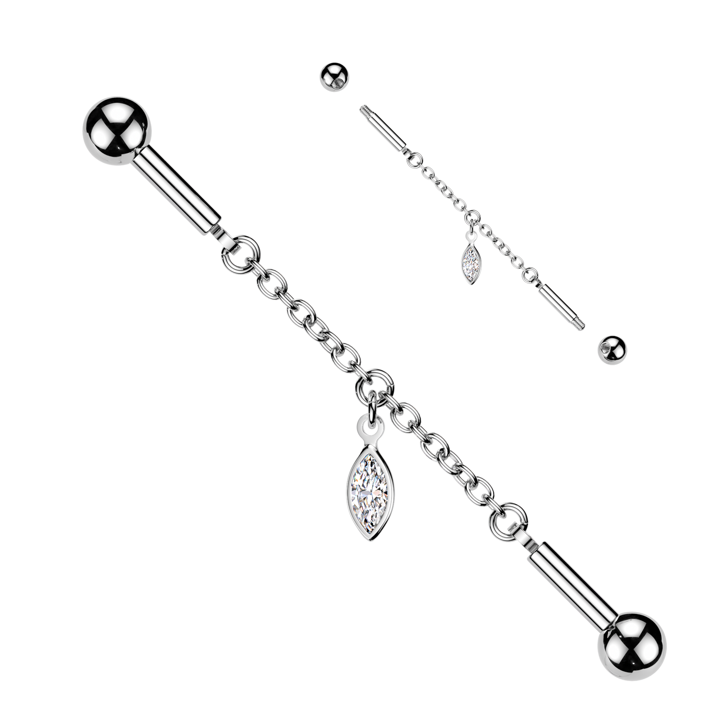 SILVER CRYSTAL CHAIN DANGLY INDUSTRIAL WITH MARQUISE CHARM BAR - 14 GAUGE