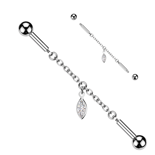 SILVER CRYSTAL CHAIN DANGLY INDUSTRIAL WITH MARQUISE CHARM BAR - 14 GAUGE