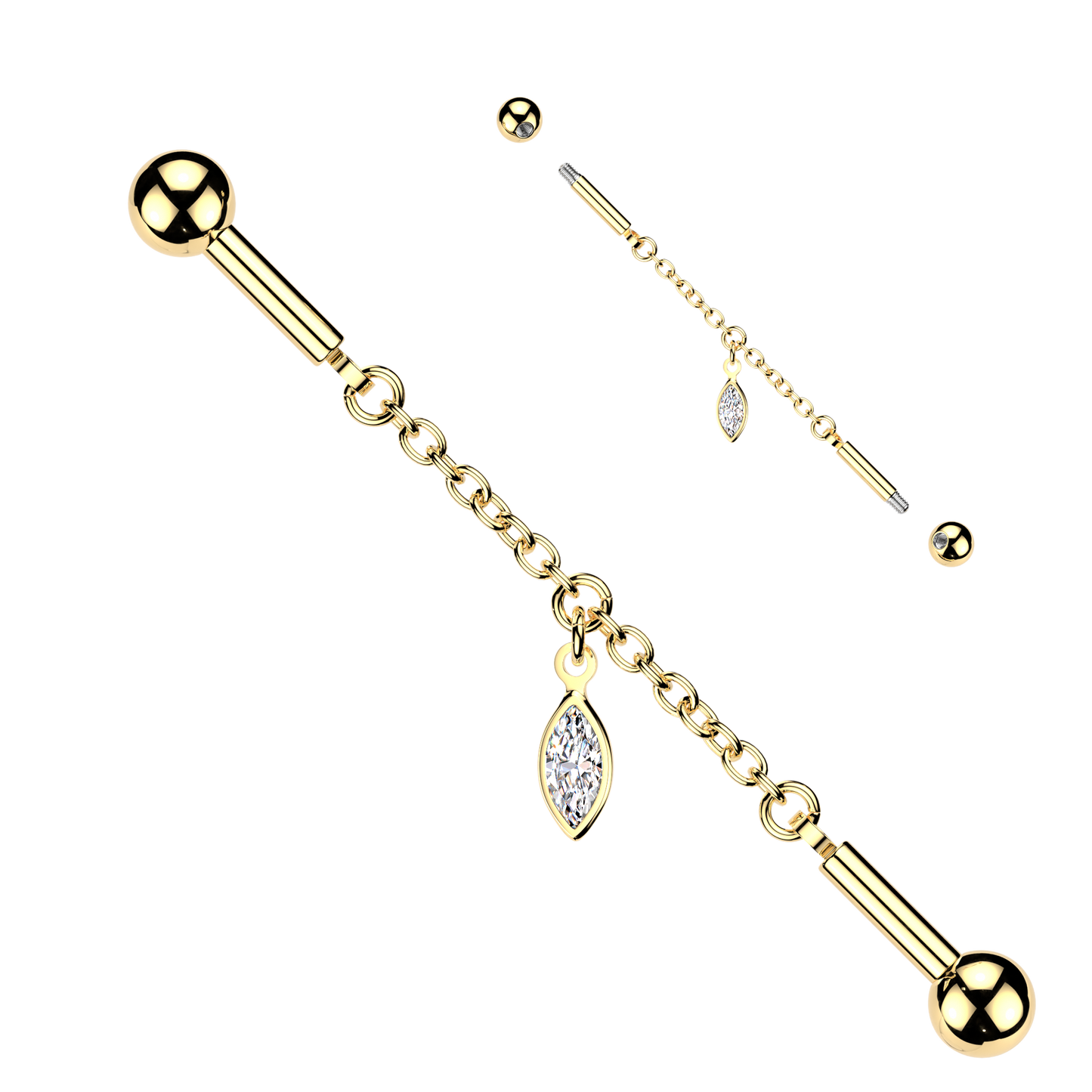 GOLD CRYSTAL CHAIN DANGLY INDUSTRIAL WITH MARQUISE CHARM BAR - 14 GAUGE