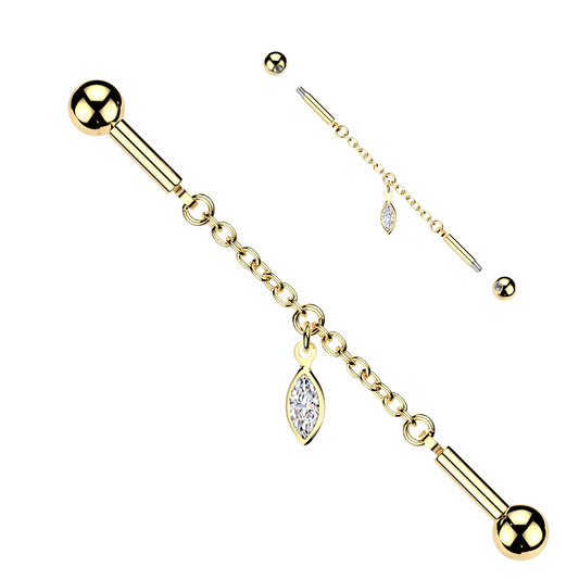 GOLD CRYSTAL CHAIN DANGLY INDUSTRIAL WITH MARQUISE CHARM BAR - 14 GAUGE