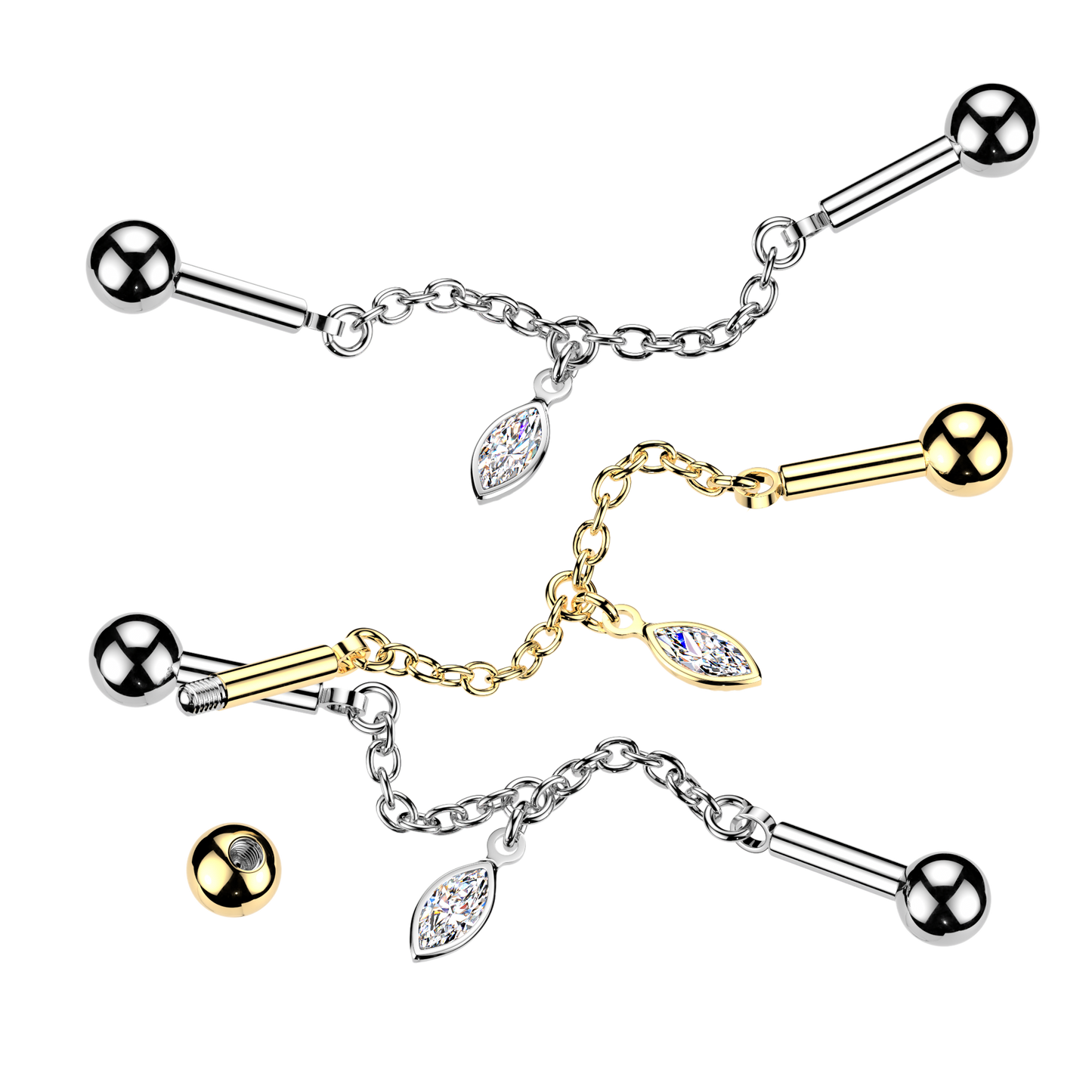 GOLD CRYSTAL CHAIN DANGLY INDUSTRIAL WITH MARQUISE CHARM BAR - 14 GAUGE