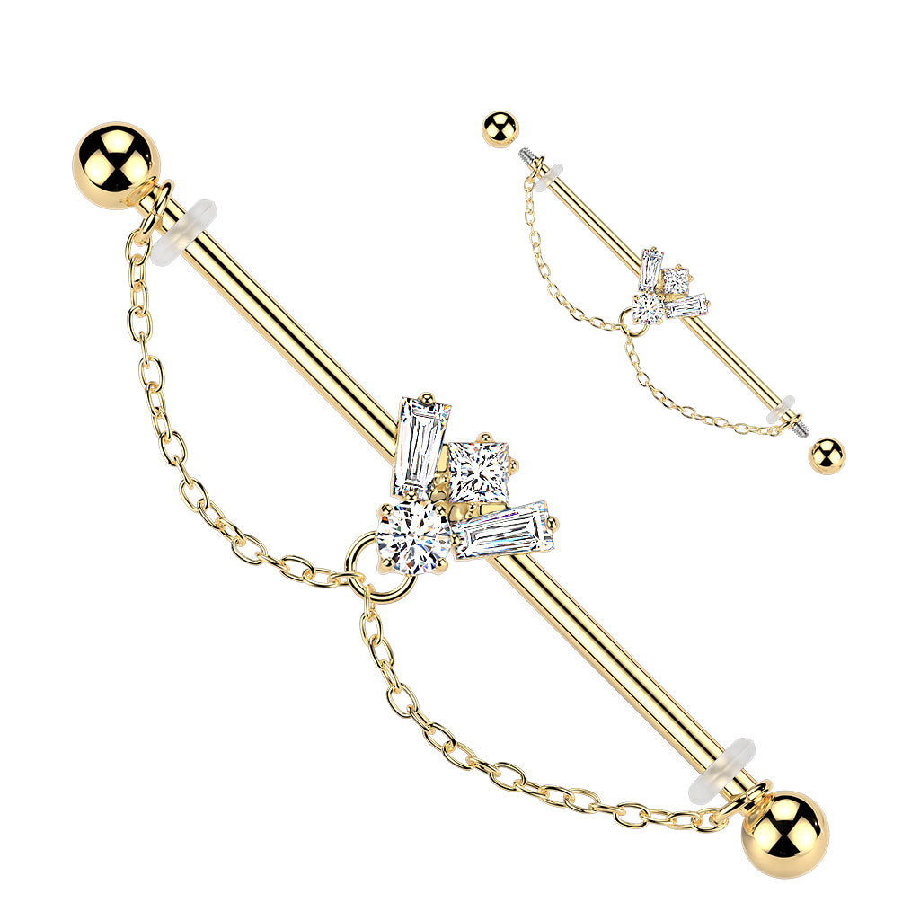 CRYSTAL CLUSTER WITH CHAIN CHARM INDUSTRIAL BARBELL - 14 GAUGE - 38MM