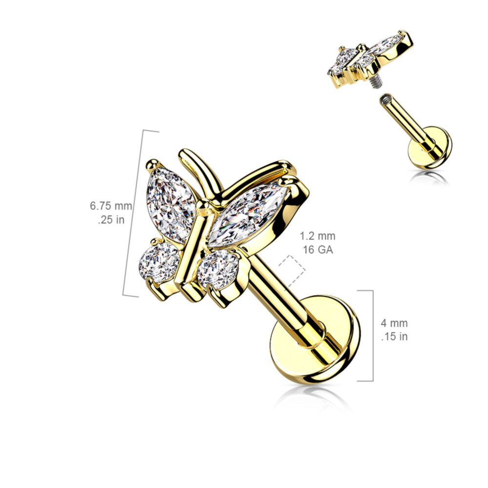 LARGE BUTTERFLY CRYSTAL FLAT BACK LABRET STUD