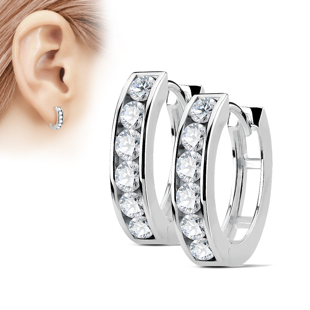 CHUNKY SILVER  CRYSTAL LINED 12MM HOOP EARRINGS - CUBIC ZIRCONIA