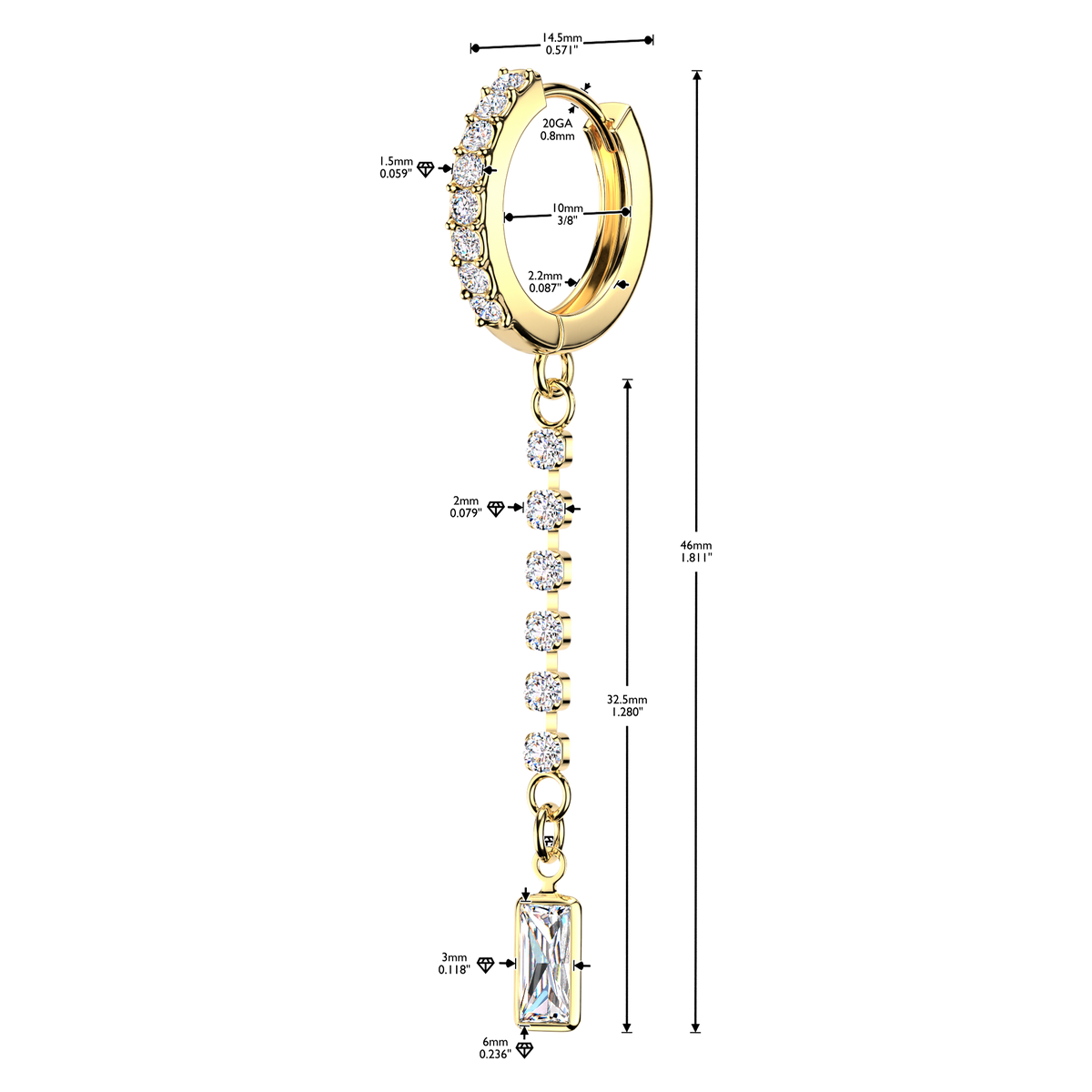 CRYSTAL LINED HUGGIE HOOPS WITH DIAMANTÉ CHARM - 10MM