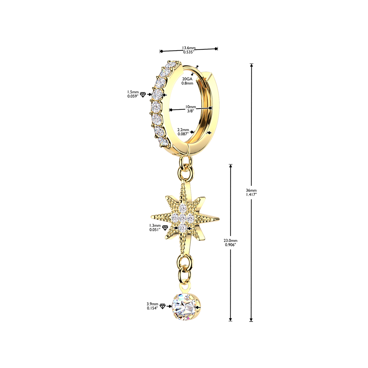 CRYSTAL NORTHERN STAR DANGLY HOOP EARRINGS