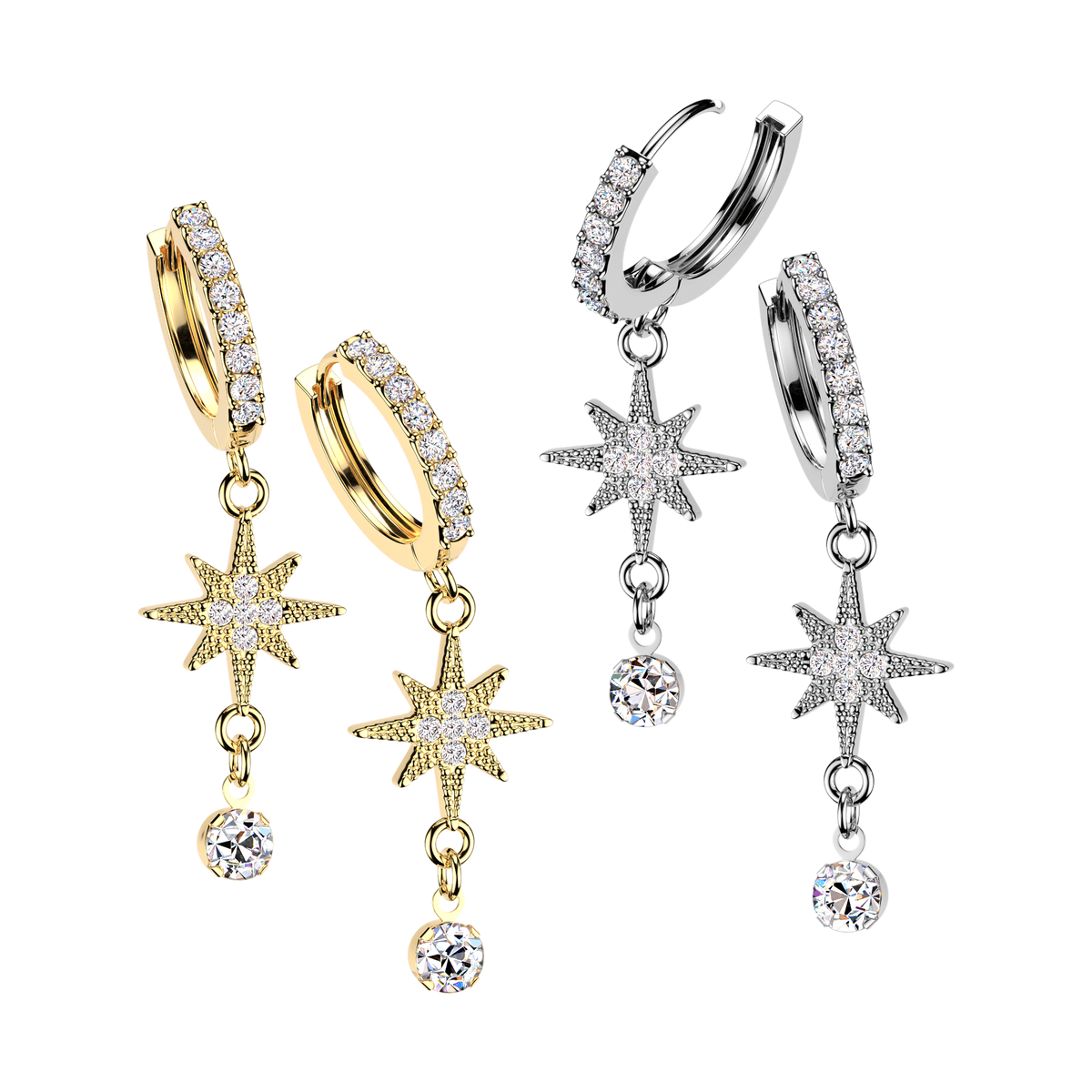 CRYSTAL NORTHERN STAR DANGLY HOOP EARRINGS