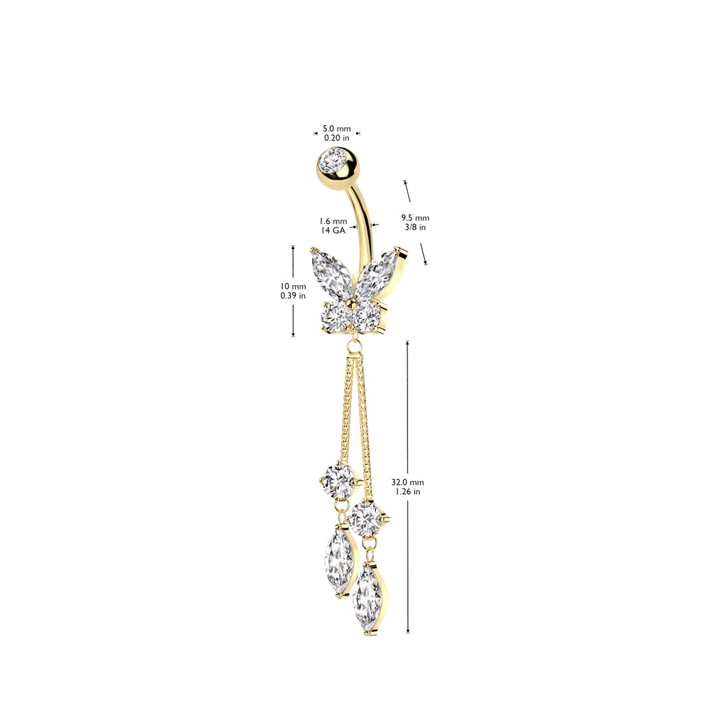 CRYSTAL BUTTERFLY DANGLY CHARM BELLY BAR - 10MM
