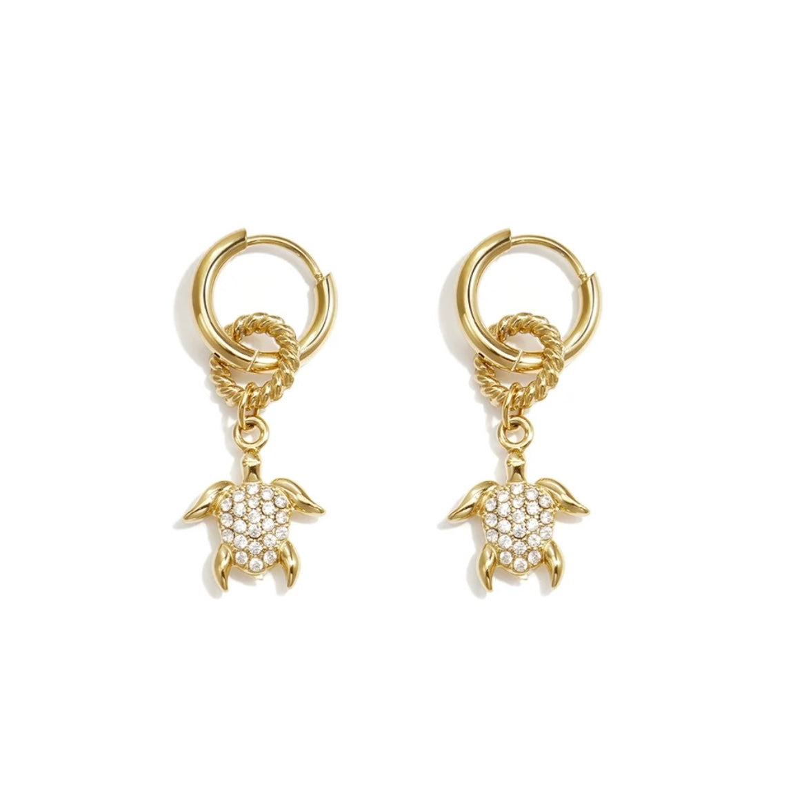 GOLD CRYSTAL CHARM TURTLE HUGGIE HOOPS - 8MM