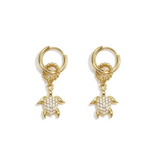 GOLD CRYSTAL CHARM TURTLE HUGGIE HOOPS - 8MM