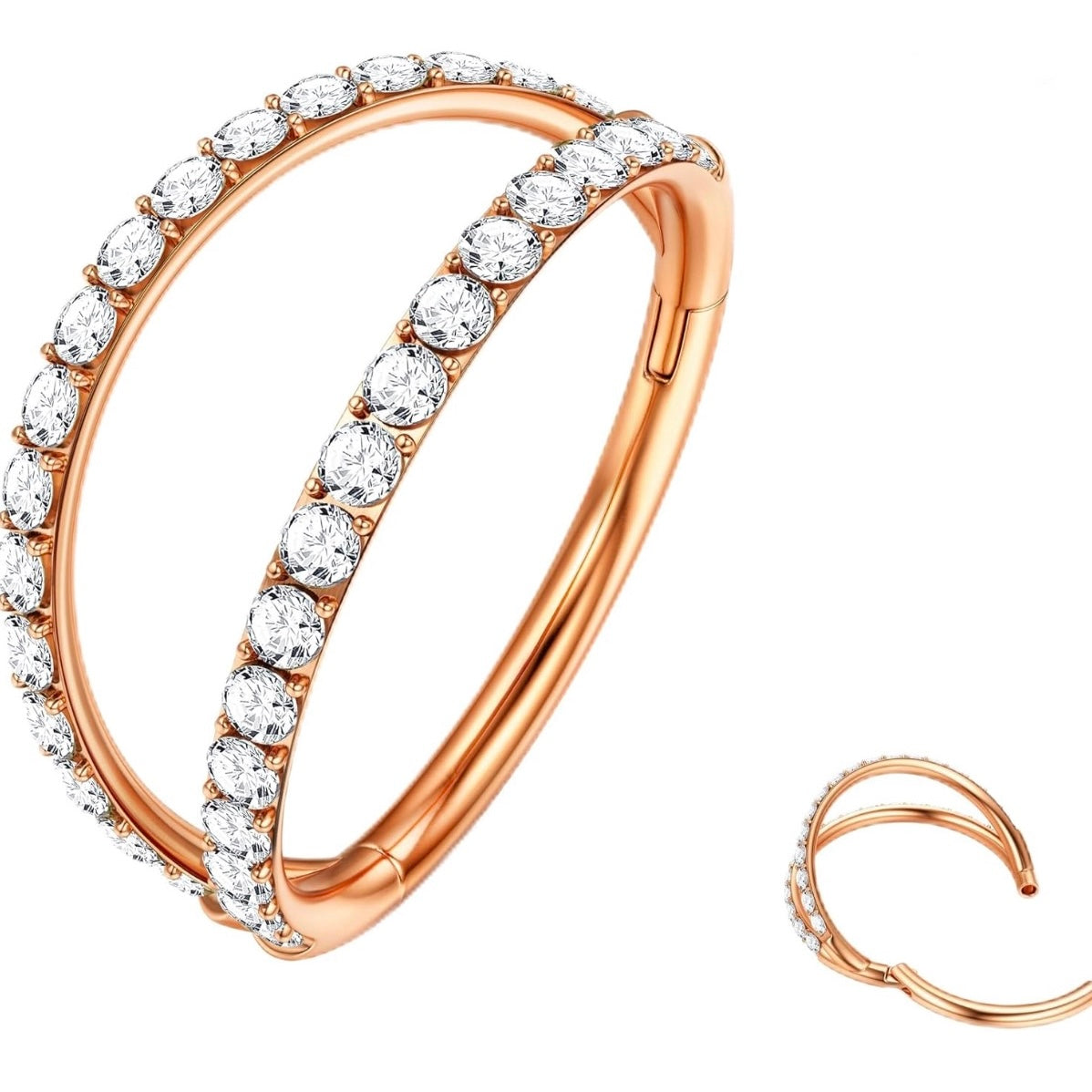 ROSE GOLD DOUBLE CRYSTAL LOOP NOSE HOOP RING - 20 GAUGE - 6MM