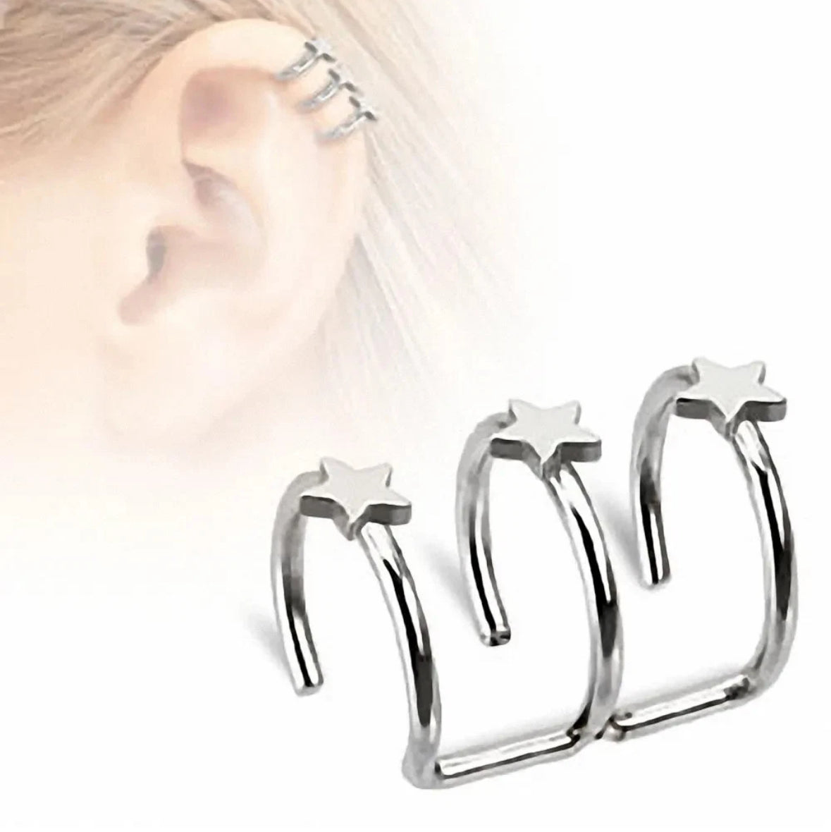 SILVER TRIPLE STAR CLIP ON FAUX PIERCING HELIX HOOP EAR CUFF