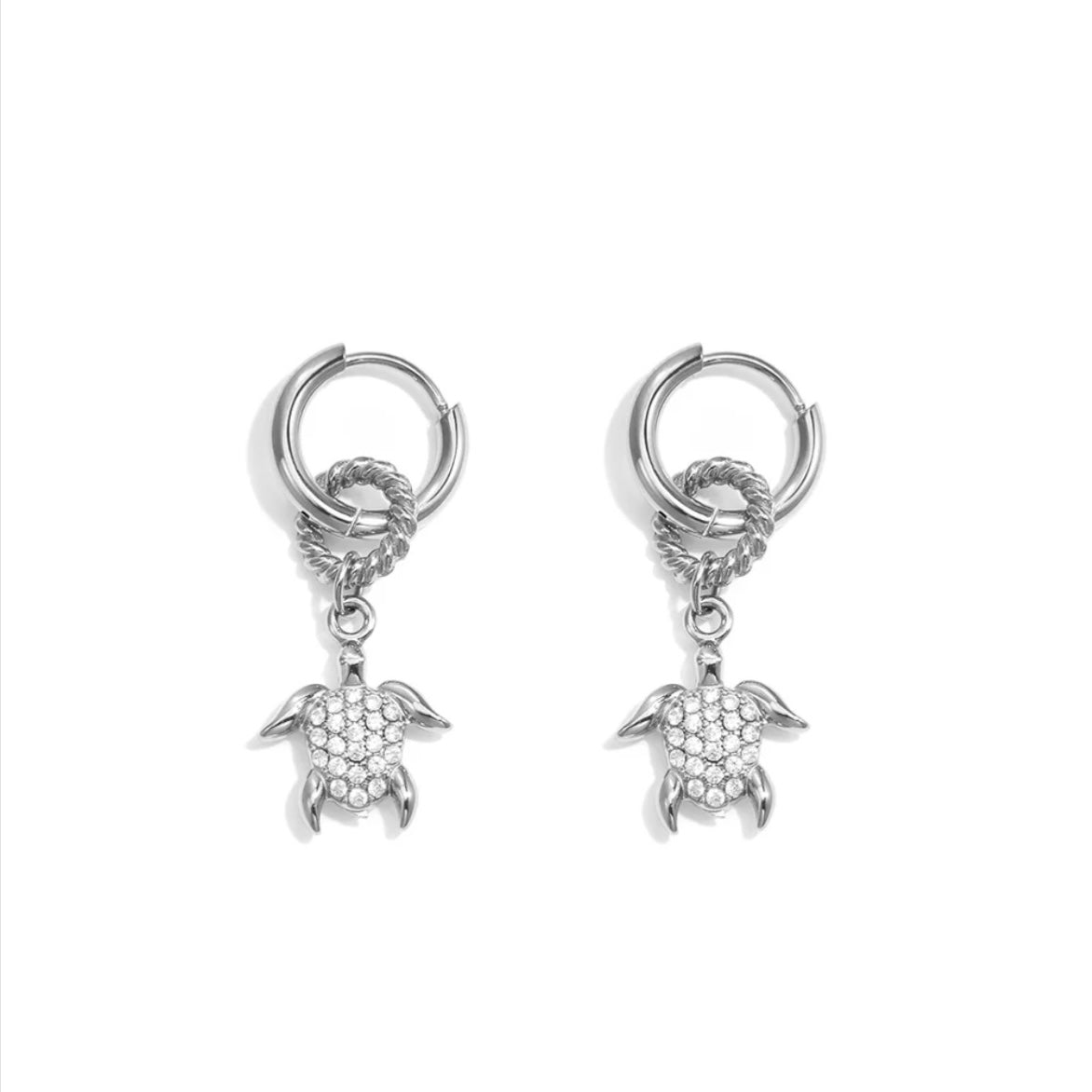 SILVER CRYSTAL CHARM TURTLE HUGGIE HOOPS - 8MM