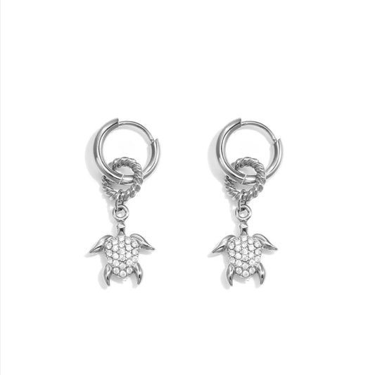 SILVER CRYSTAL CHARM TURTLE HUGGIE HOOPS - 8MM