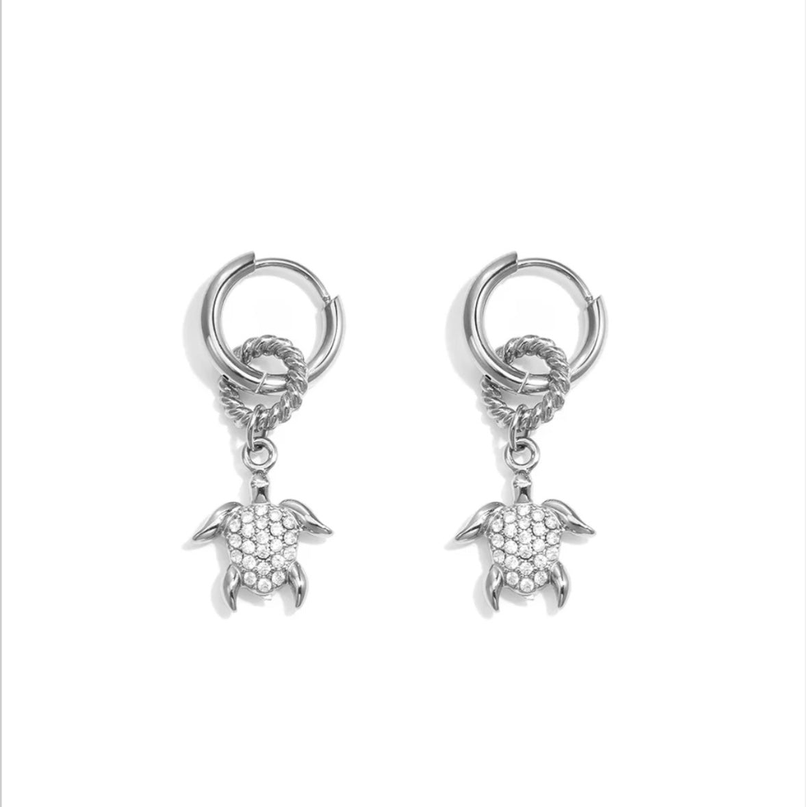 SILVER CRYSTAL CHARM TURTLE HUGGIE HOOPS - 8MM