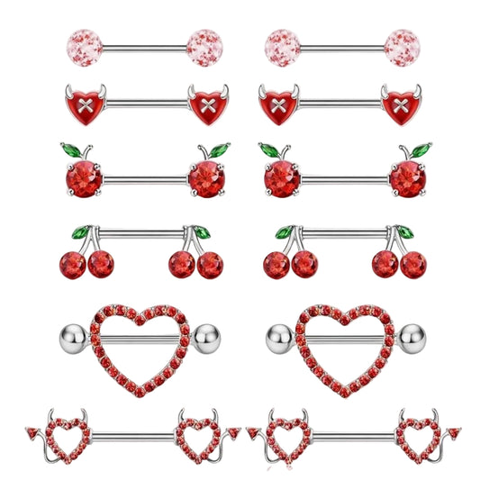 MULTI PACK OF 6 RED HEART & CHERRY NIPPLE BAR SETS - 14MM