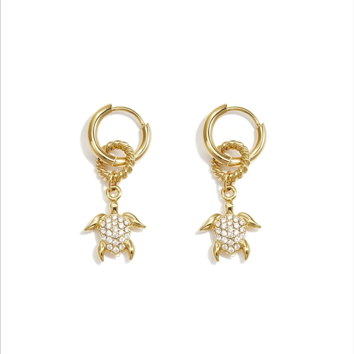 GOLD CRYSTAL CHARM TURTLE HUGGIE HOOPS - 8MM