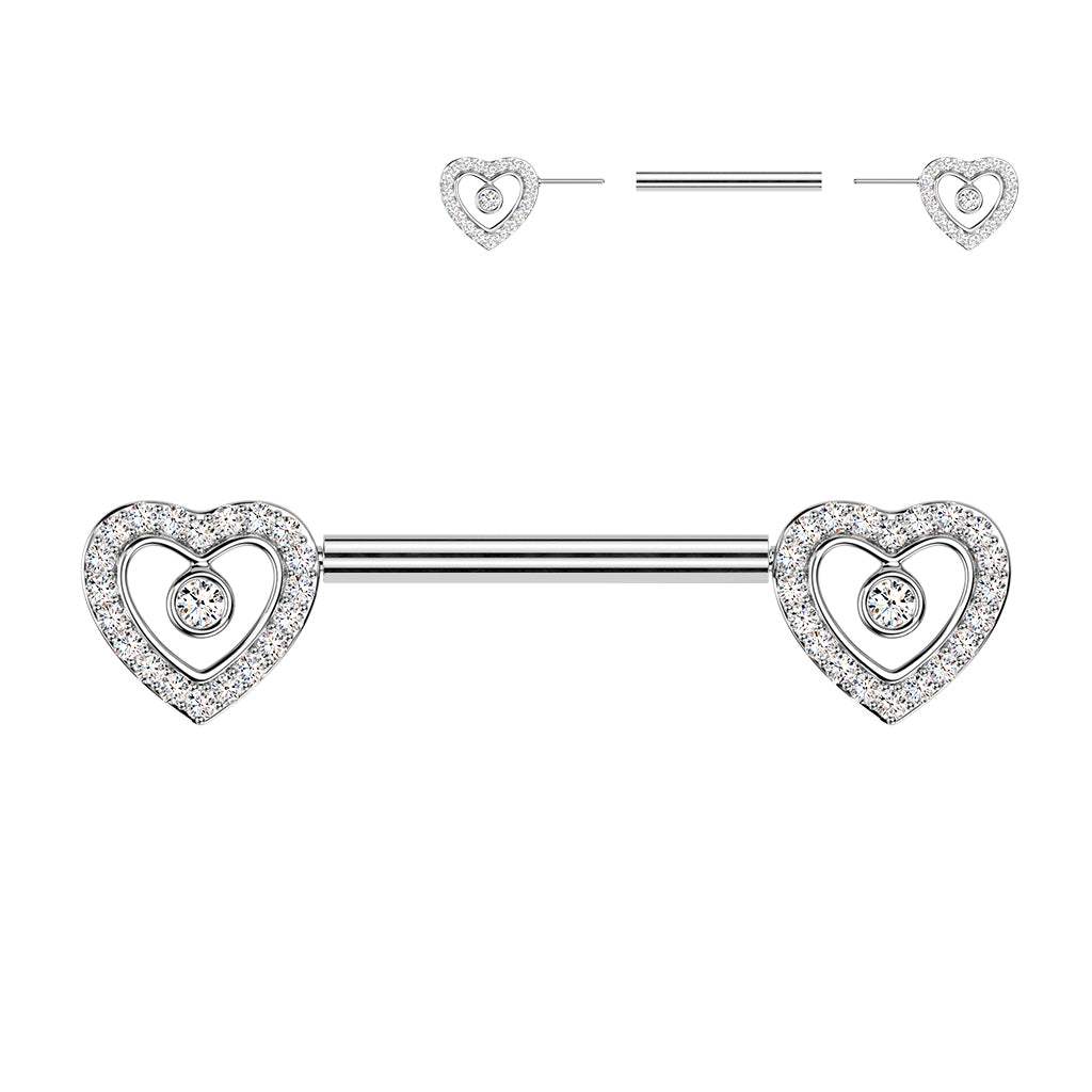 SILVER CRYSTAL LOVE HEART THREADLESS NIPPLE BAR - 14 GAUGE - 14MM