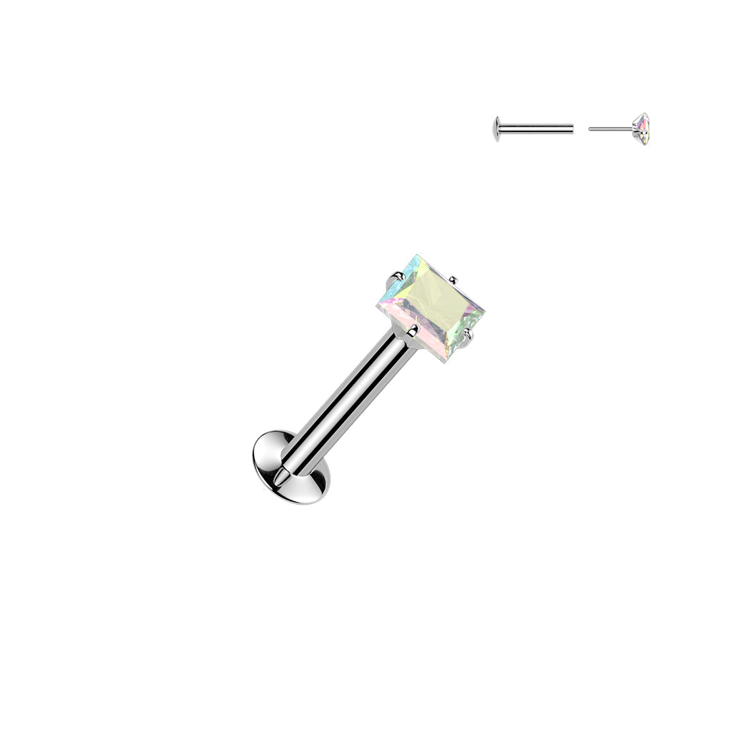 DAINTY CRYSTAL AURORA SILVER SQUARE THREADLESS FLAT BACK LABRET STUD - 16 GAUGE - 8MM