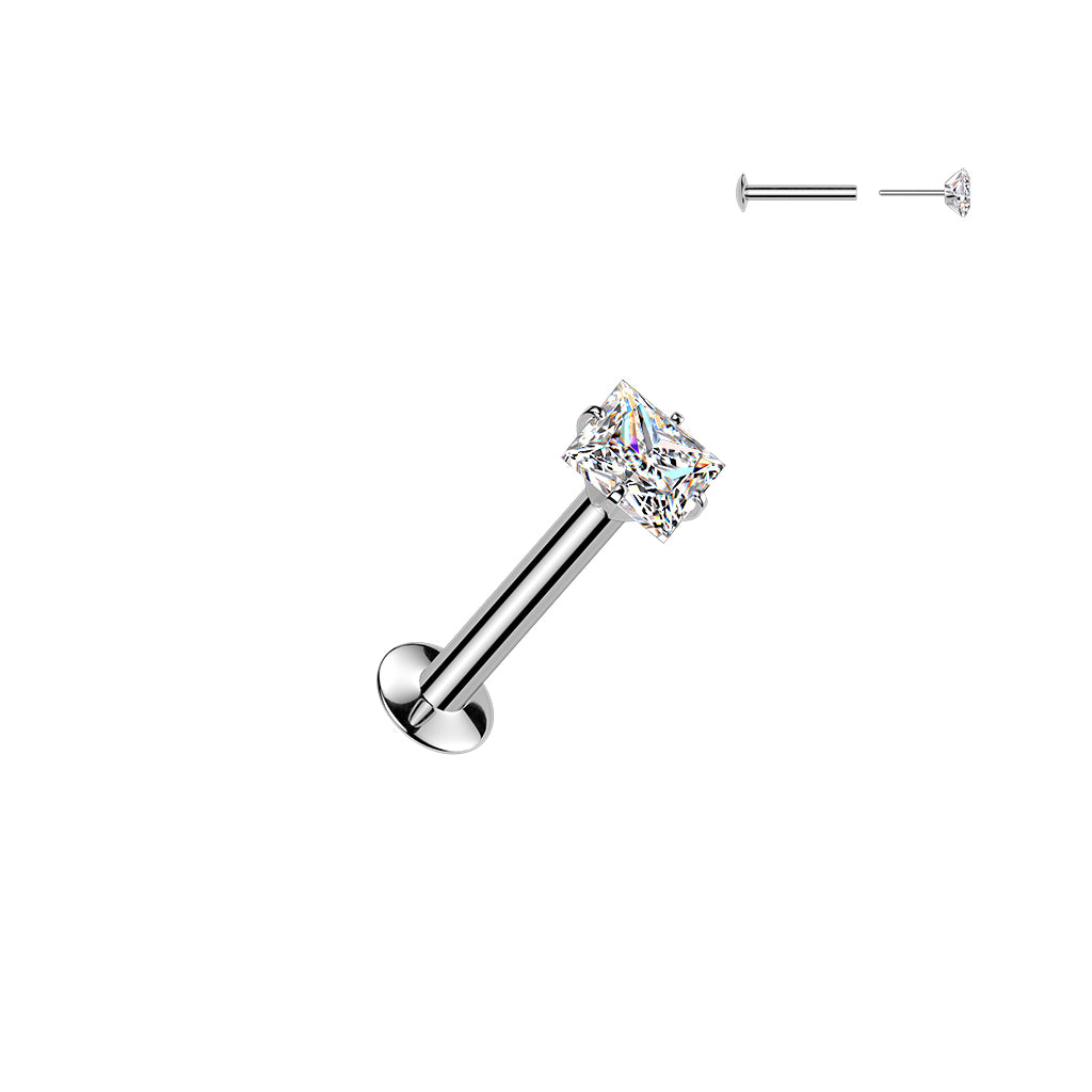DAINTY CRYSTAL SQUARE THREADLESS FLAT BACK LABRET STUD - 16 GAUGE - 8MM