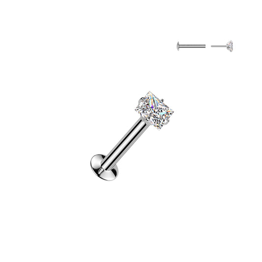 DAINTY CRYSTAL SQUARE THREADLESS FLAT BACK LABRET STUD - 16 GAUGE - 8MM