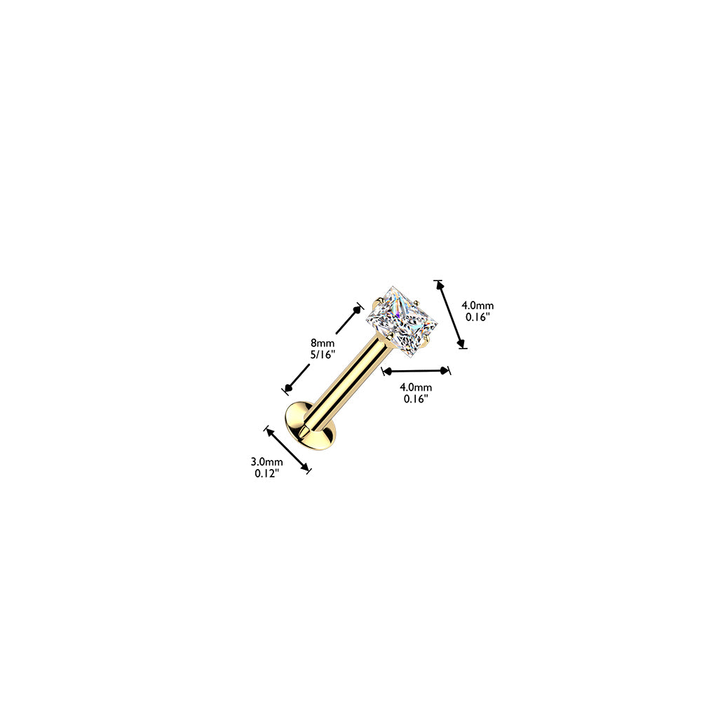 DAINTY CRYSTAL SQUARE THREADLESS FLAT BACK LABRET STUD - 16 GAUGE - 8MM