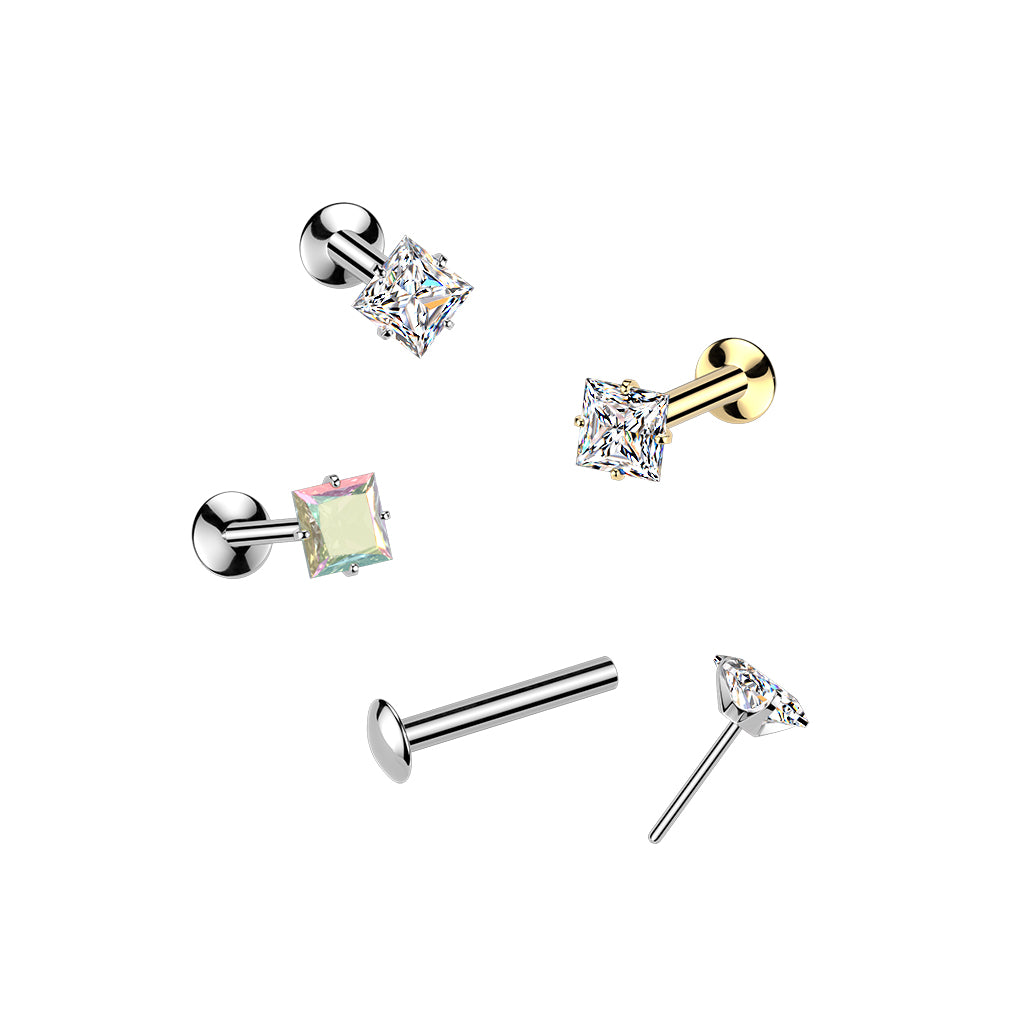 DAINTY CRYSTAL AURORA SILVER SQUARE THREADLESS FLAT BACK LABRET STUD - 16 GAUGE - 8MM