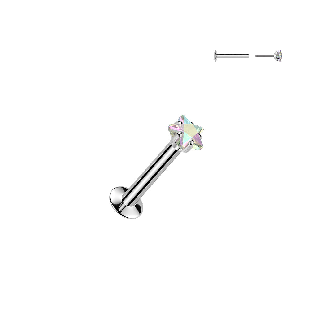 DAINTY CRYSTAL AURORA SILVER SQUARE THREADLESS FLAT BACK LABRET STUD - 16 GAUGE - 8MM