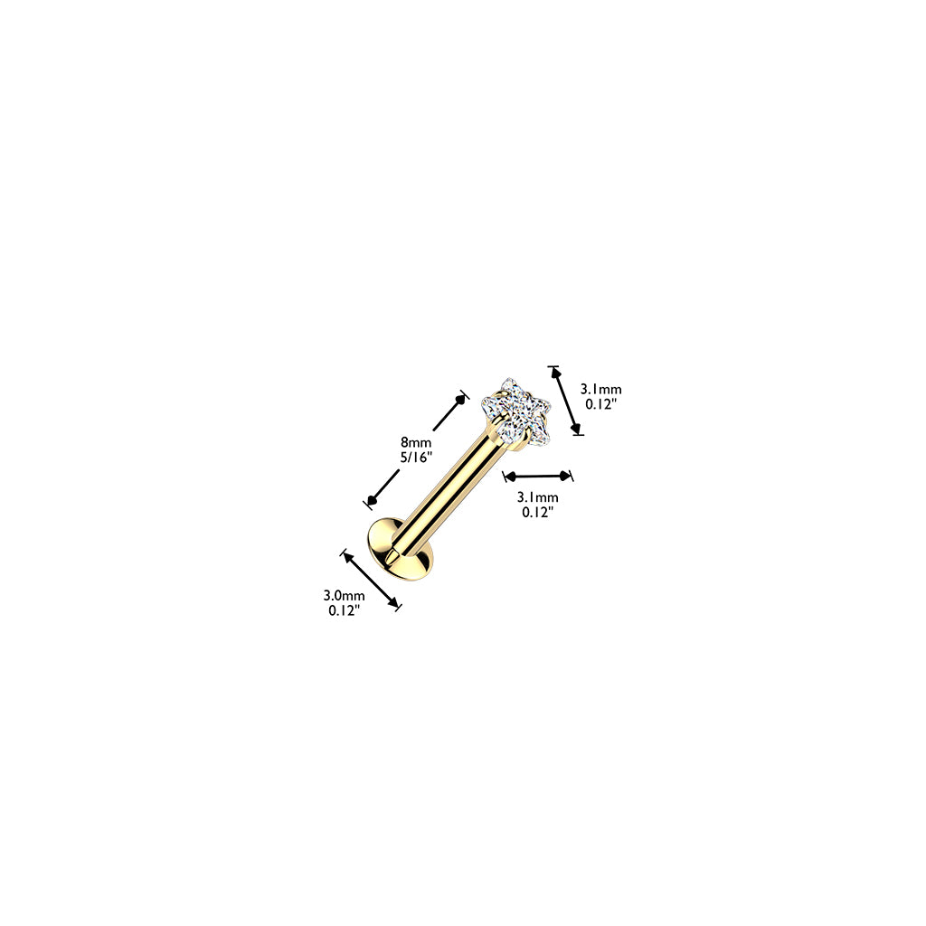 DAINTY CRYSTAL STAR THREADLESS FLAT BACK LABRET STUD - 16 GAUGE - 8MM