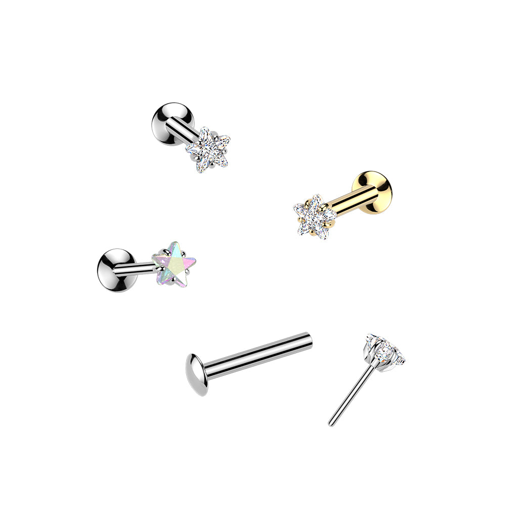 DAINTY CRYSTAL STAR THREADLESS FLAT BACK LABRET STUD - 16 GAUGE - 8MM