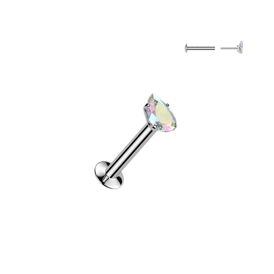 DAINTY CRYSTAL AURORA TEARDROP THREADLESS FLAT BACK LABRET STUD - 16 GAUGE - 8MM
